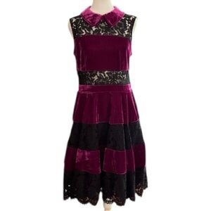 VENUS Velvet & Lace Sleeveless Fit-and-Flare Dress in Deep Magenta size 8